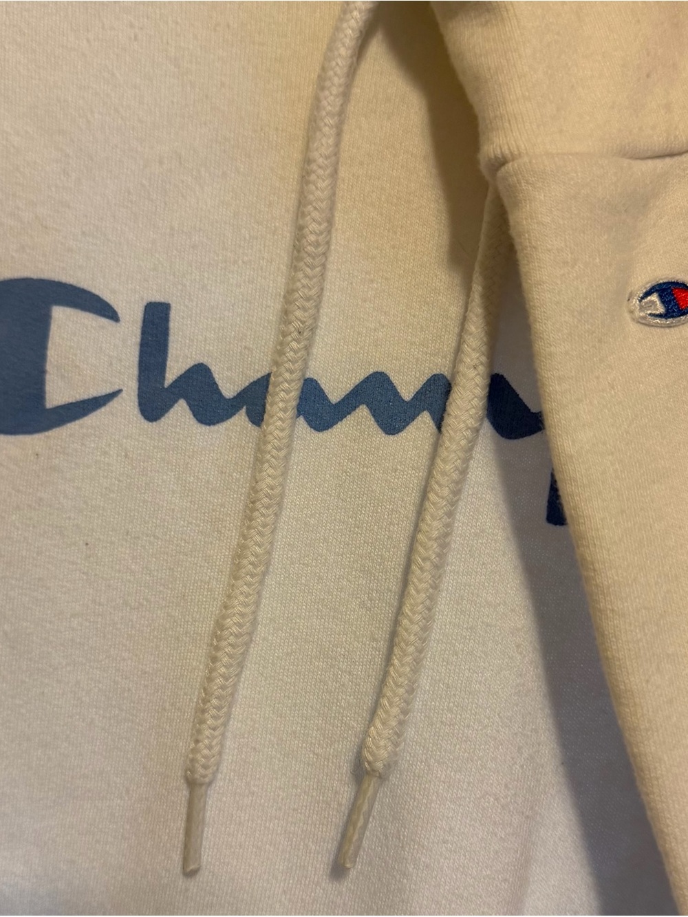 Champion Cream Pullover Hoodie with Blue Logo